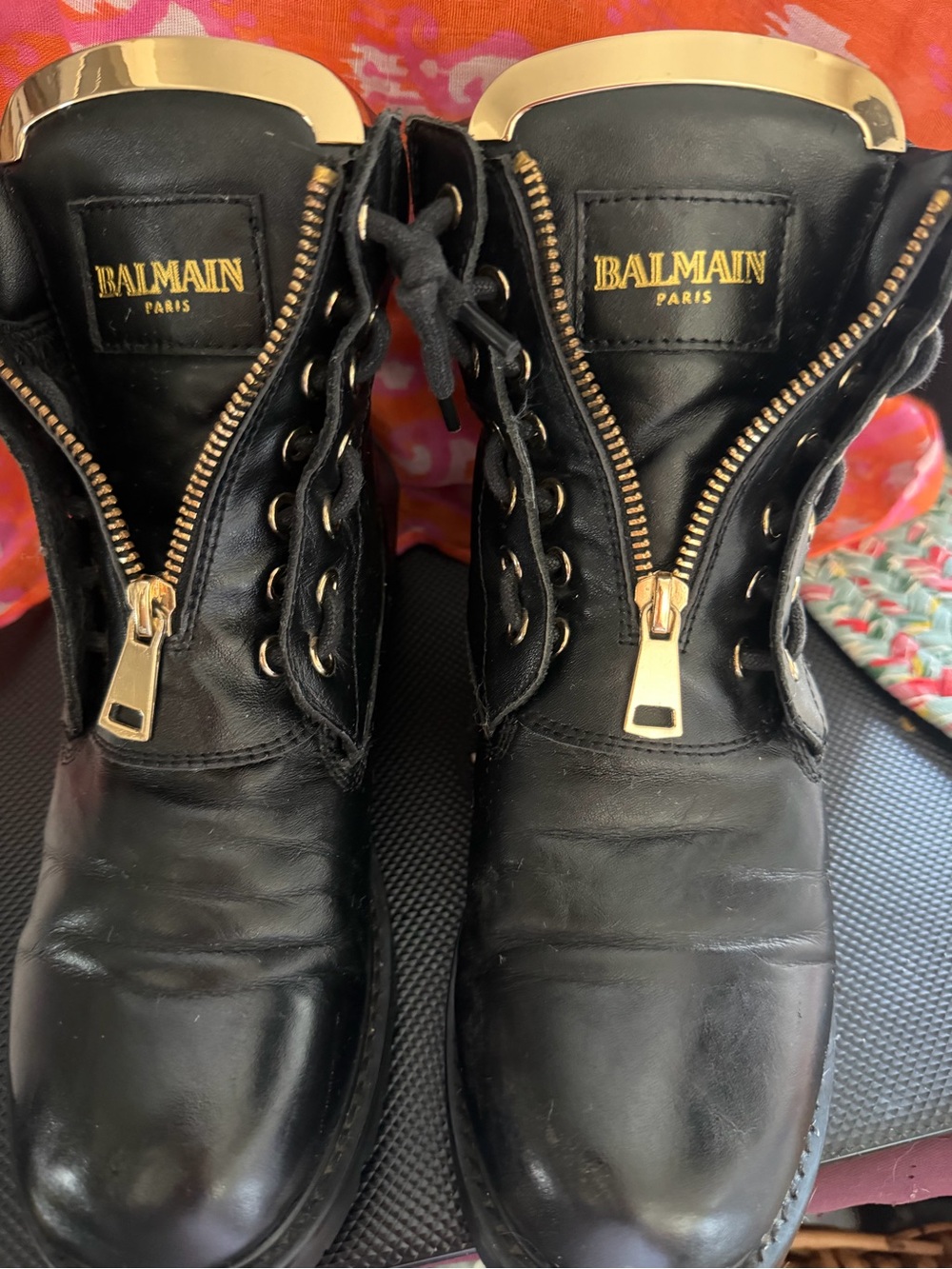 Balmain Black Leather Combat Boots with Gold Hardware